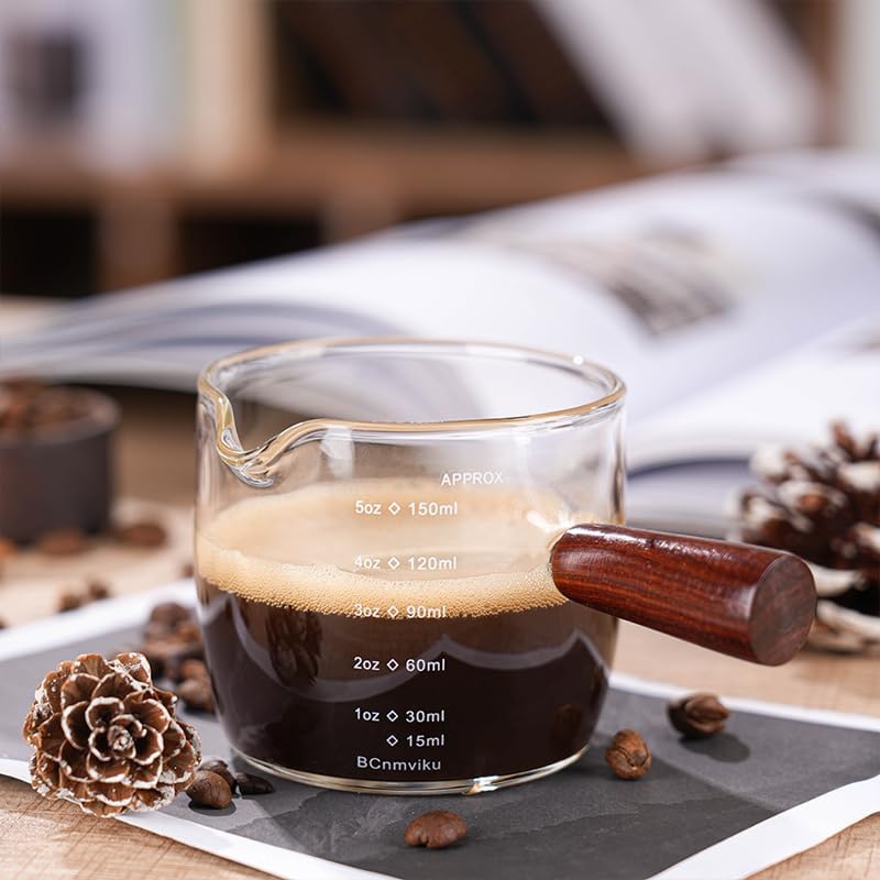 BCnmviku Espresso Shot Glass 150ML/5OZ Triple Pitcher Barista Single Spouts With Wood Handle (2)