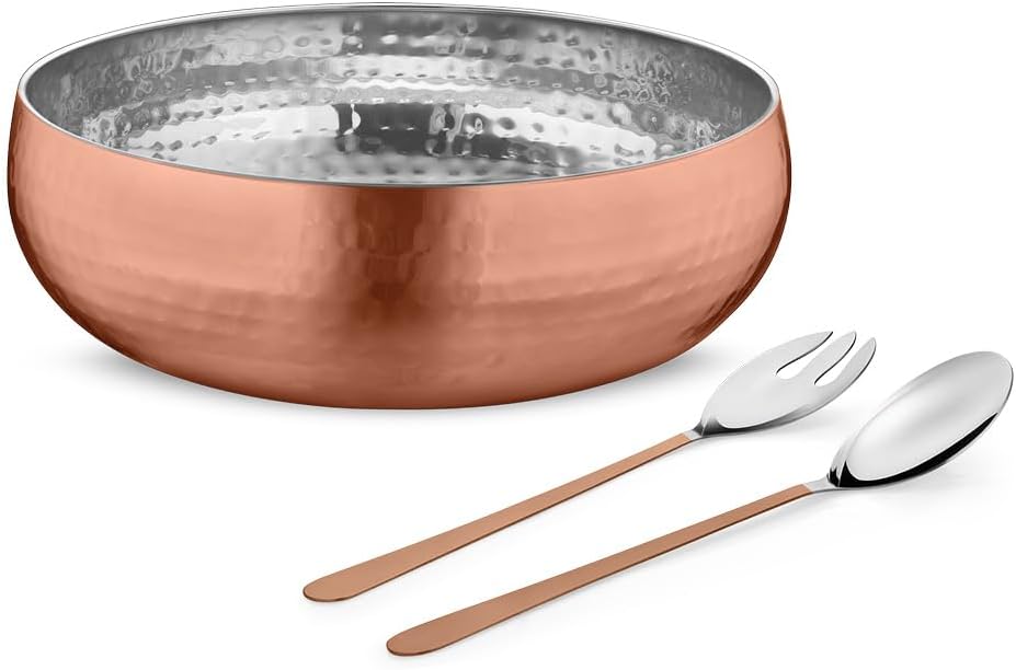Avador® Set of 3 Premium Stainless Steel Salad Mixing Bowl Hammered Finish | Handmade | Includes Salad Serving Utensils (Copper Plated)