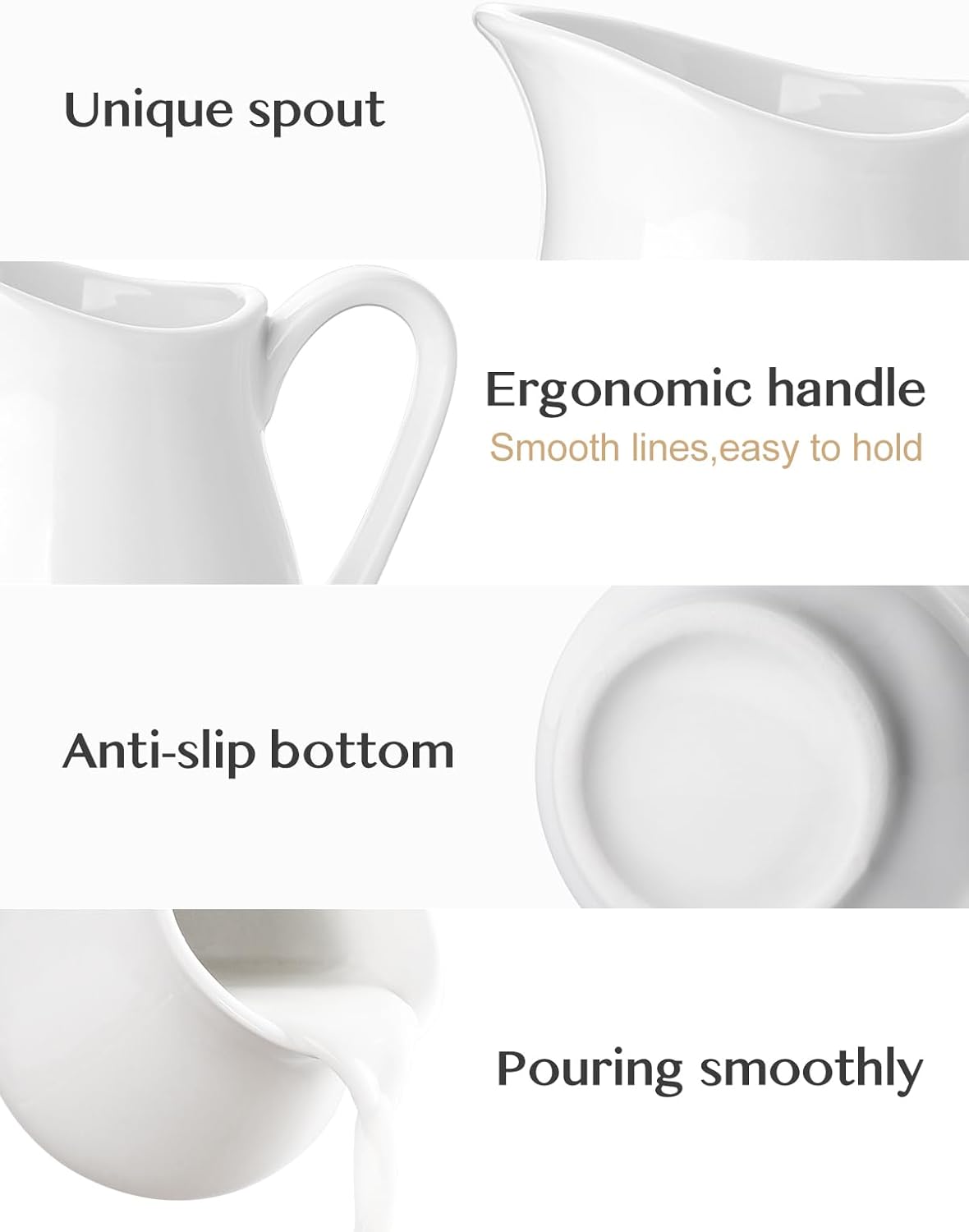 Nucookery Ceramic 4 Oz Creamer Pitcher Set, 2 Pack Creamer Container, White Small Milk Pitcher Container Cups with Handle For Sauces Salad Coffee Milk, Microwave & Freezer Safe, Set of 2