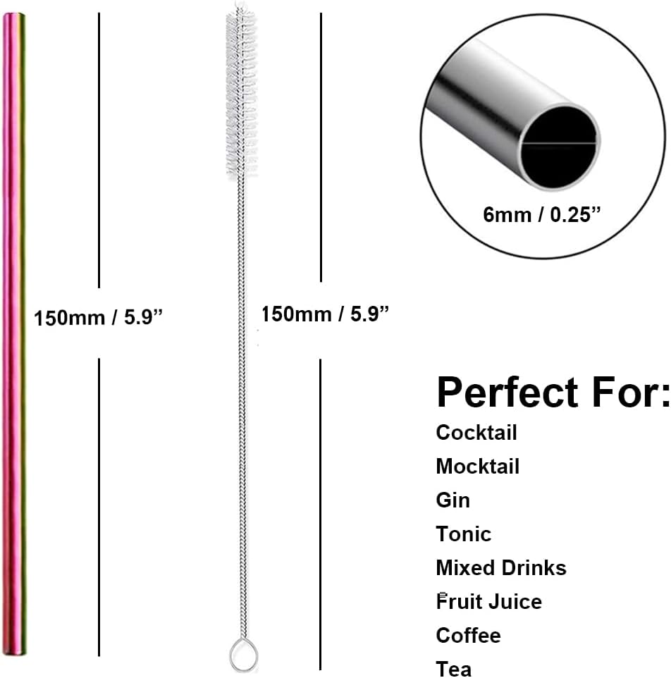 Metal Straws Short Small Mini Stainless Steel Reusable Drinking Straw for Kids Juice Cocktails Coffee Bar Party Home Office Restaurant, 150mm Length with Cleanning Brush, Colorful 16PCS
