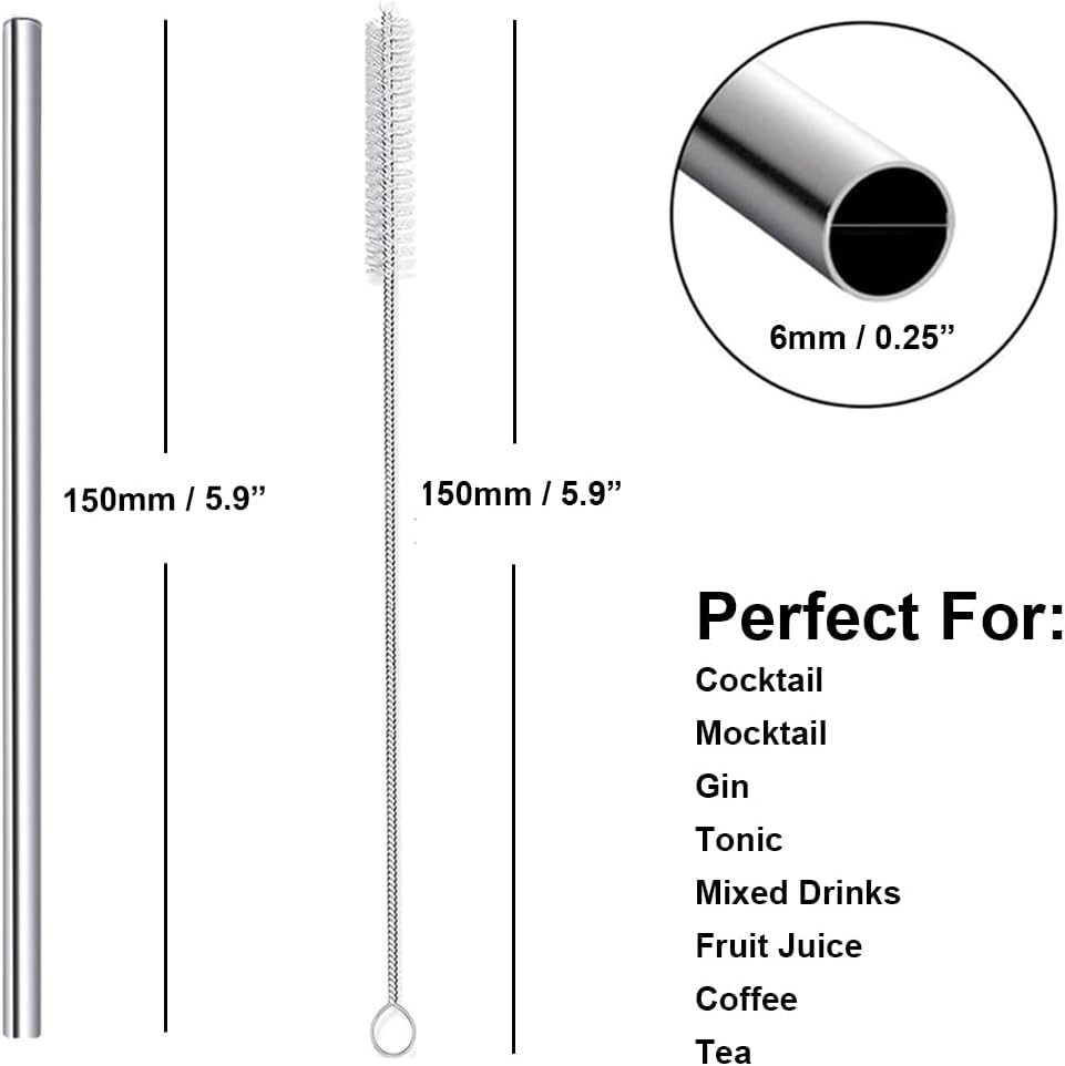 Cocktail Straws Short Stainless Steel Straw 6 Inch, Reusable Metal Small Mini Bar Drinking Straws Set with Cleaner Brush for Cocktails Rock Gin Glass Coffee Mason Jar Tumblers Juice Box, Silver 8 Pcs