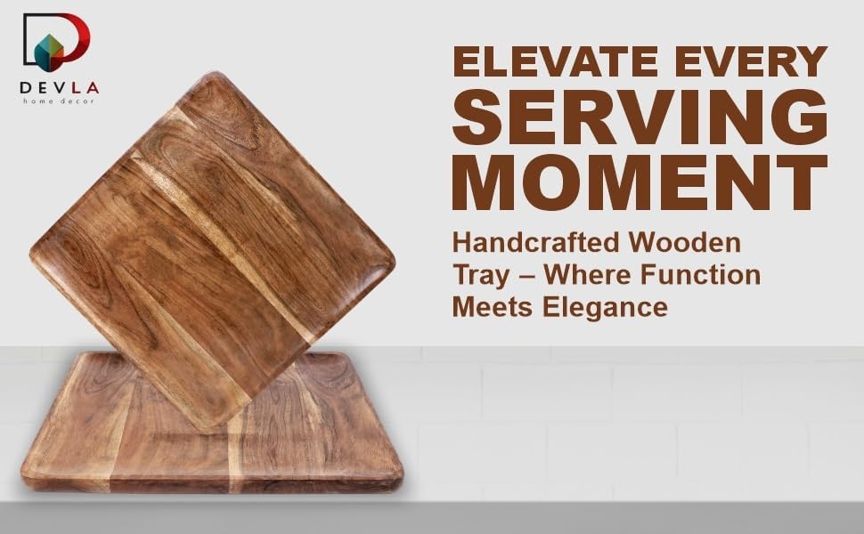 DEVLA Square Acacia Wood Plates, 11 Inch, Set of 2, Wooden Serving Trays for Meals and Snacks