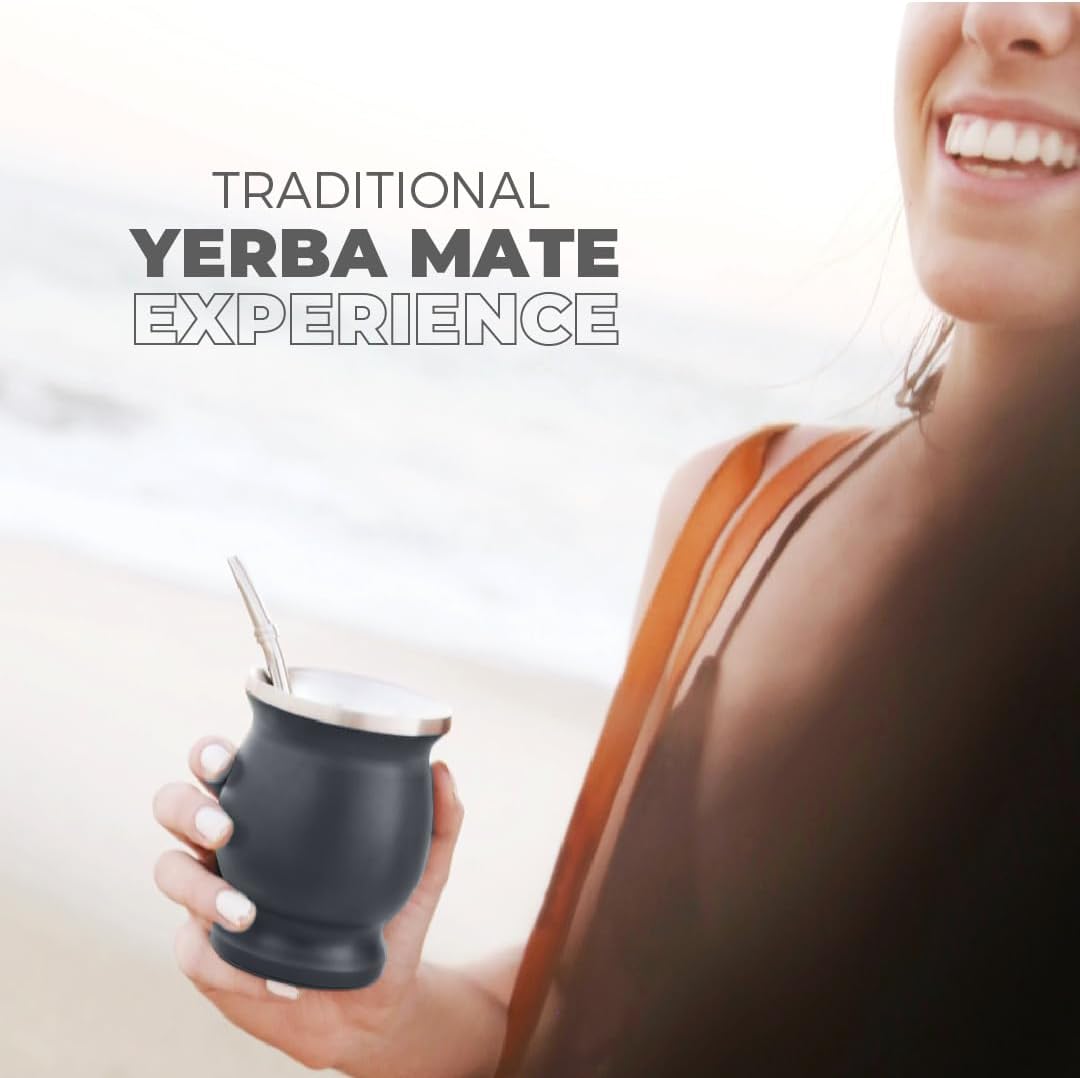 Balibetov [NEW] double wall Stainless Steel Yerba Mate Gourd set (Mate cup) with Yerba Mate Bombilla (straw) (GRAY)