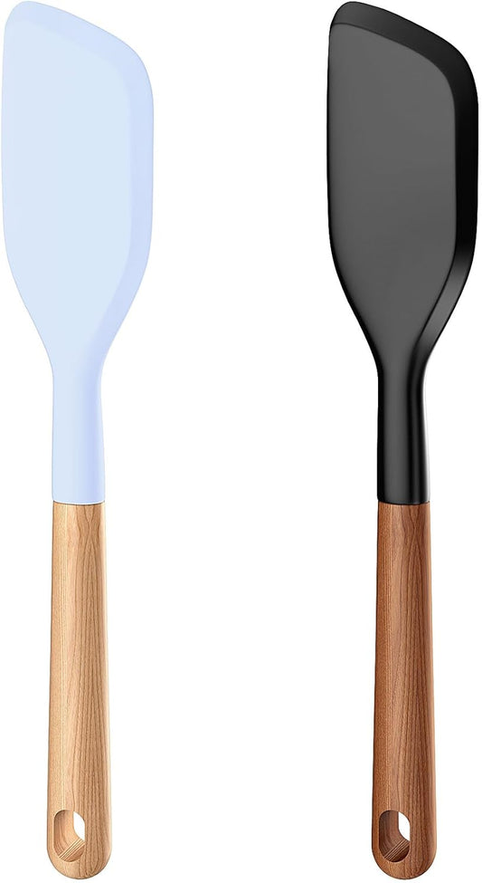 Wooden Handle Silicone Rubber Spatula Set for Kitchen Baking, Cooking, and Mixing High Heat Resistant Non Stick Dishwasher Safe BPA-Free Black+blue Set of 2 (Wooden handle spatula-Two-color)