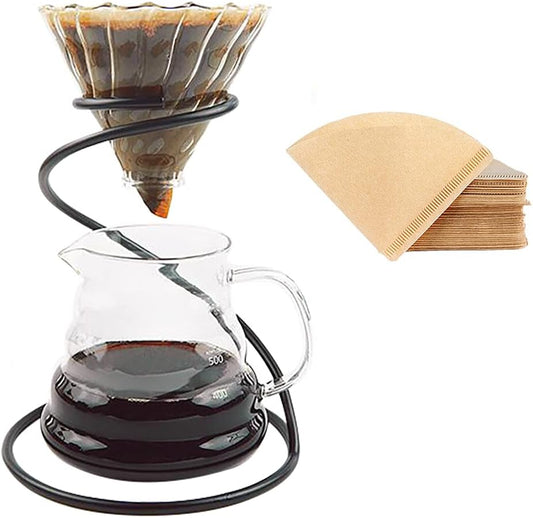 Pour Over Coffee Maker Set – Includes Glass Coffee Dripper, Metal Dripper Stand, Heat Resistance 600ml Coffee Server and 40 Count Paper Coffee Filters, 4 in 1 Set for Home or Office (Black Set)