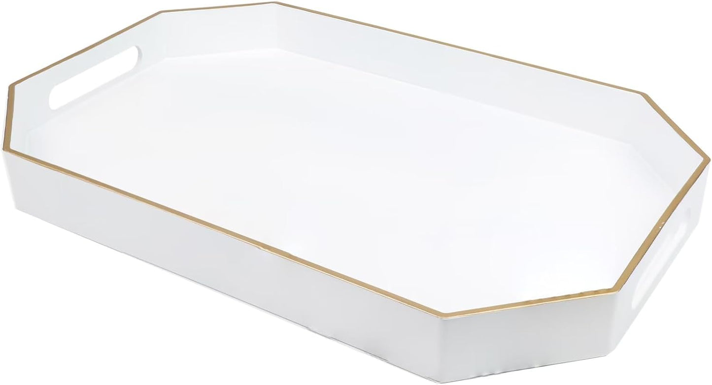 White Decorative Tray with Handles, Octagon Versatile Serving Tray for Coffee Table, Ottoman, Ideal for Serving, Displaying, Organizing