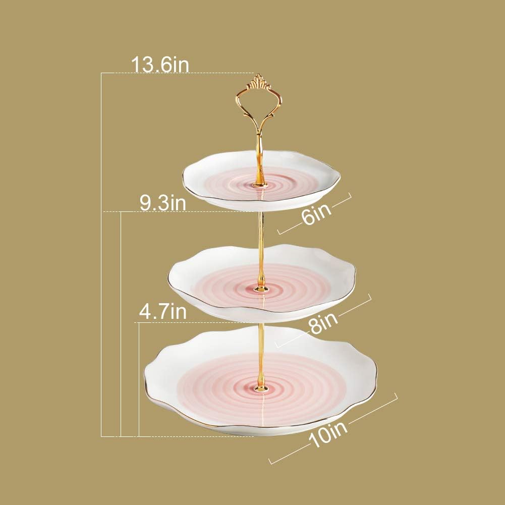 Sweejar 3 Tier Ceramic Cake Stand,Dessert Stand,Cupcake Stand,Tea Party Pastry Serving Platter,Food Display Stand for Tea/Coffee/Birthday/Wedding/Women/Afternoon/Gift - Pink
