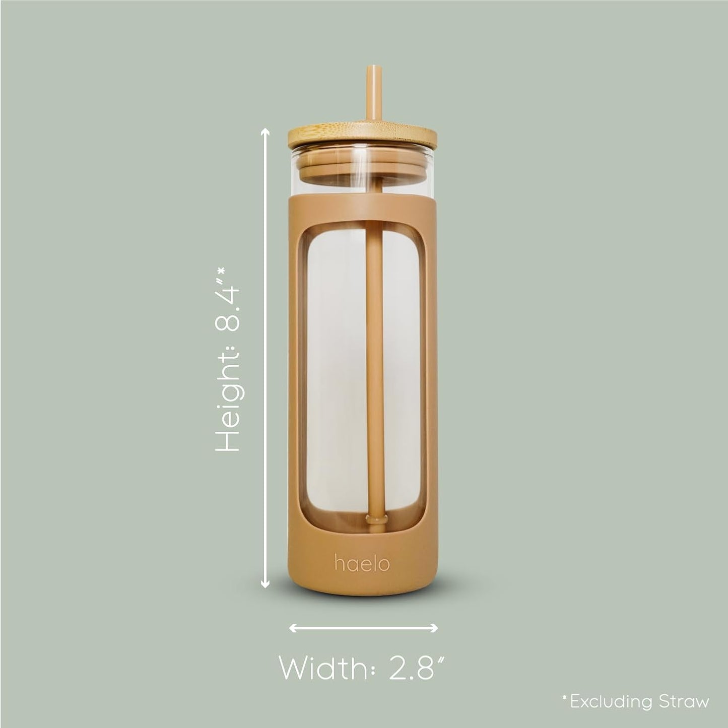 haelo 20oz Glass Tumbler Water Bottle, Iced Coffee Cup with Straw, Silicone Protective Sleeve, Bamboo Lid Reusable BPA Free (Dune)