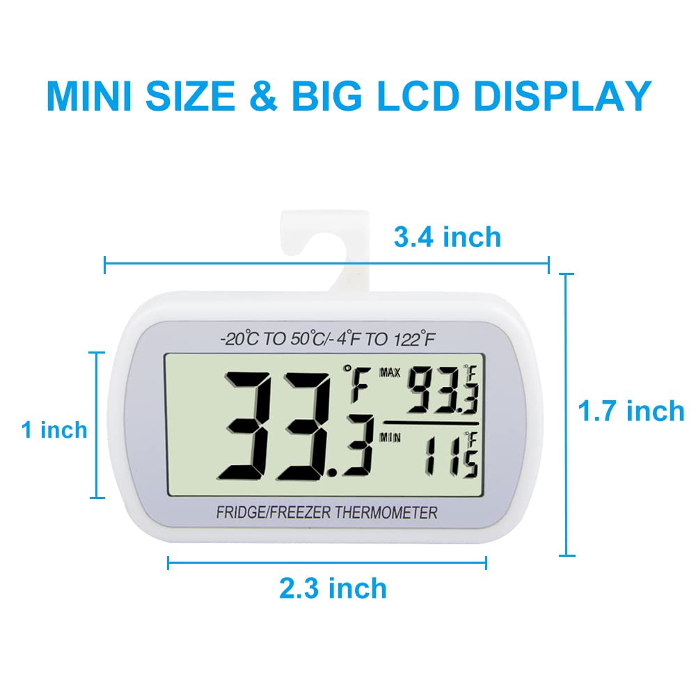 Waterproof Refrigerator Fridge Thermometer, Digital Freezer Room Thermometer, Max/Min Record Function Large LCD Screen and Magnetic Back for Kitchen, Home, Restaurants (1 Pack)