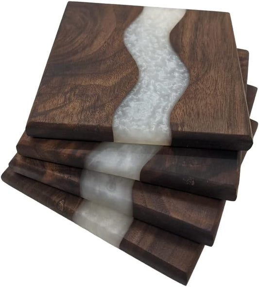 Generic Wood Coaster Set for Drinks | Handmade with Dark Walnut & Natural Wood Sealant Finish for Water Resistance, Easy Cleaning & No Stains | Epoxy Resin River (4 Pieces) (White)