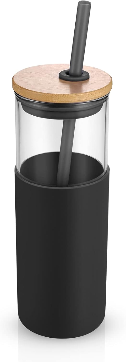 Tronco 24 oz Glass Tumbler with Straw and Lid - Smoothie and Iced Coffee Cup - Bamboo Lid and Protective Silicone Sleeve - BPA-Free