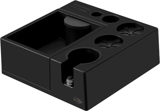 IKAPE Espresso Knock Box, Espresso Coffee Organizer Box Fit for Storage 51, 54, 58MM Espresso Tamper, Distributor, Portafilter & Puck Screen Accessories, Plastic Station Base(Black)