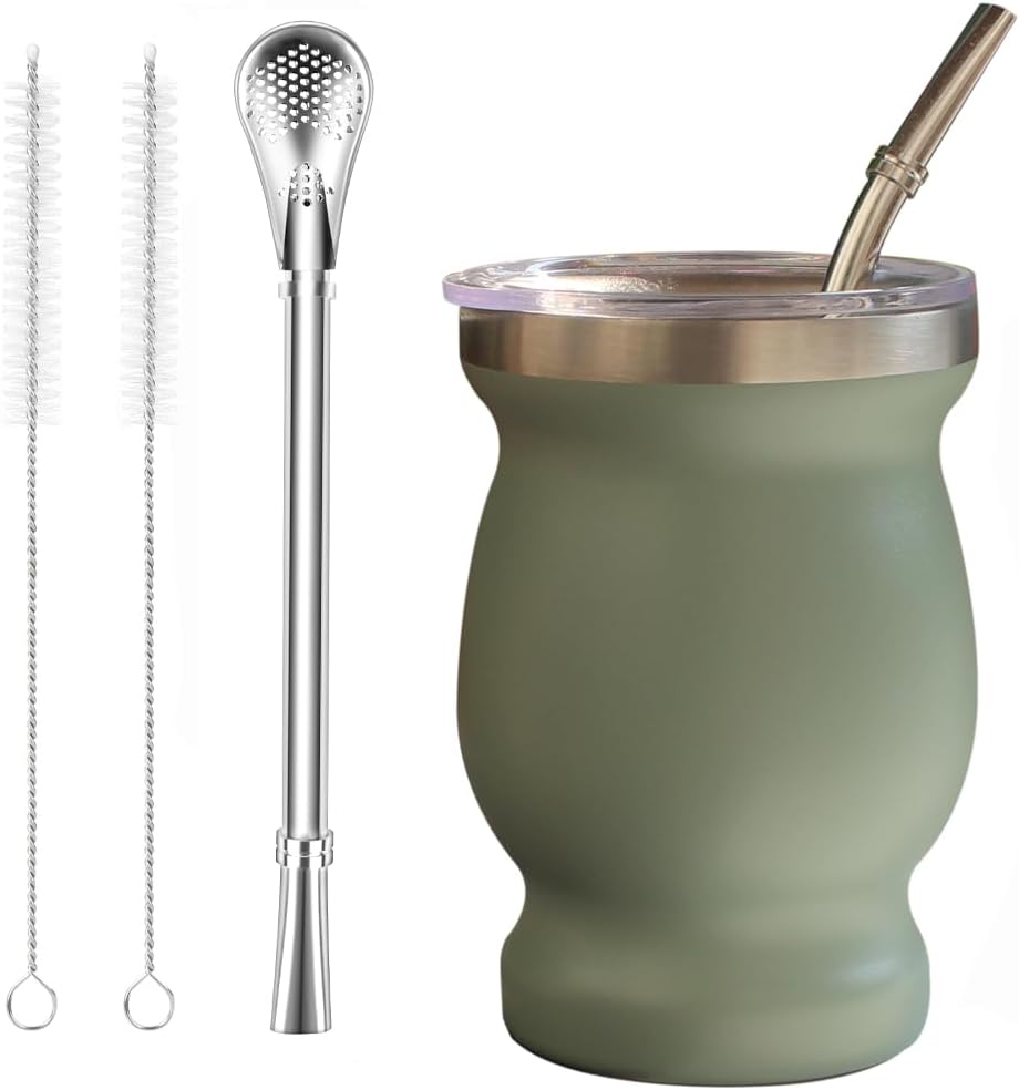 Beruth Bombilla Yerba Mate Gourd, 8oz Stainless Steel Tea Cup Set with a Multifunctional Lid, Two Straws and Cleaning Brushes, Double Walled Coffee Mug Heat Insulation Anti Scalding (Avocado Green)