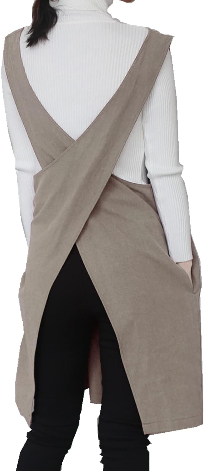Cotton Linen Japanese Apron Halter Cross Back Bandage X Shape Aprons Two Pockets