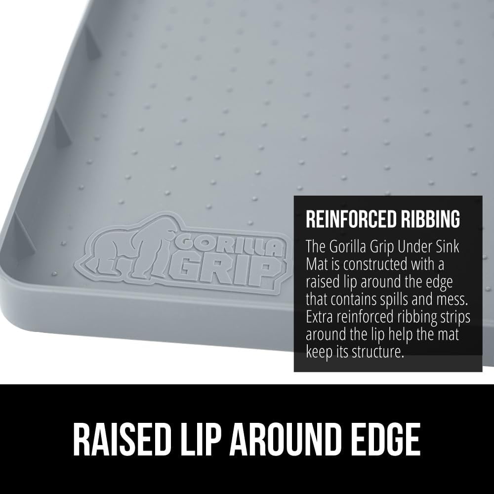 GORILLA GRIP Waterproof Silicone Under Sink Mat with Raised Lip for Kitchen and Bathroom, 31 x 22 in, Cabinet Shelf Liner Stay in Place Mats Dishwasher Safe Drawer Liner, Organizer Tray, Light Grey
