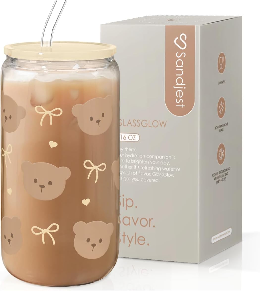 SANDJEST Bear Glass Can, Iced Coffee Aesthetic Cup, Gift for Christmas Birthday, Gifts for Women Girls, 16oz