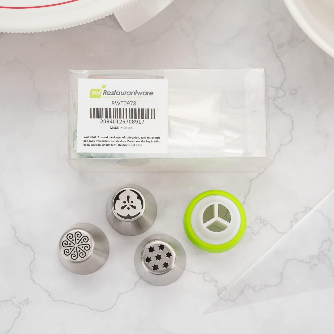 Restaurantware Pastry Tek Russian Piping Tips Set 17 Piece Durable Cake Decorating Kit - 6 Piping Tips 10 Piping Bags Stainless Steel Piping Bags And Tips Set 1 Tri-Color Coupler