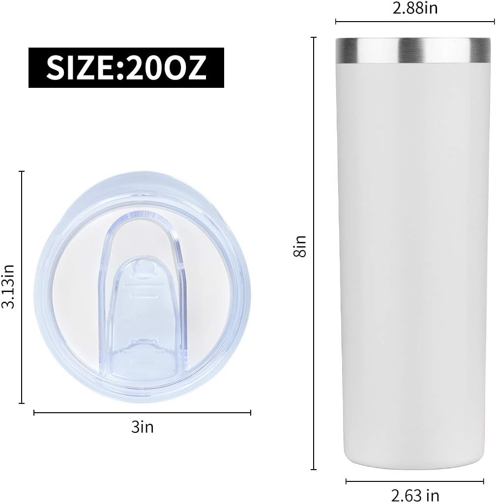 HASLE OUTFITTERS 20 oz Skinny Tumblers Bulk Set, Stainless Steel Insulated Slim Tumblers with Lids, Reusable Double Wall Travel Coffee Mugs, Durable Powder Coated Travel Water Cups(White, 8)