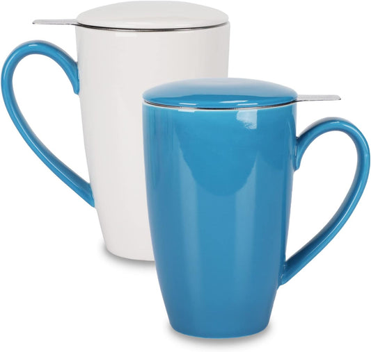amhomel Porcelain Tea Mug with Infuser and Lid, 16 Ounce Ceramic Tea Cup for Loose Leaf, Coffee, Cocoa and Milk, Tea Gift for Tea Lovers, Set of 2(Blue and White)