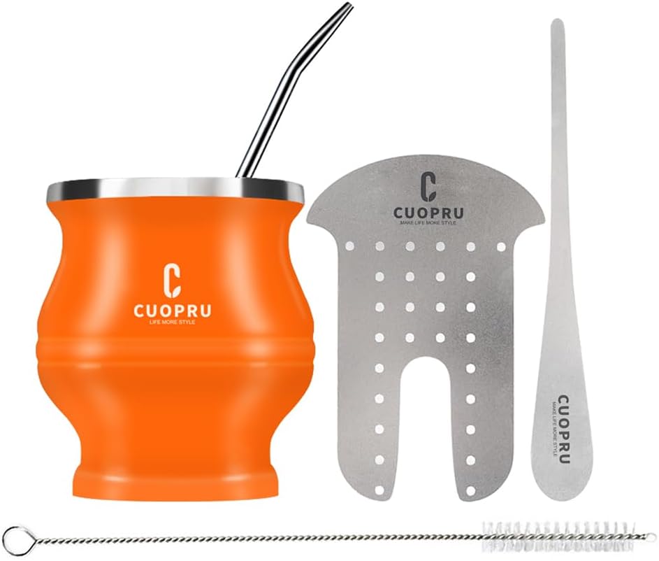 Yerba Mate Cup - Mate Gourd Set Includes Double Walled Stainless Steel Tea Cup, Tea Shaper set, Bombilla Straws, Cleaning Brush
