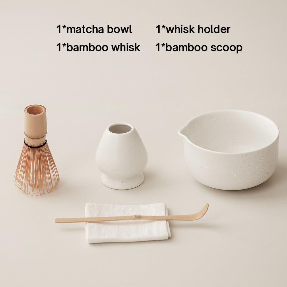 WENSHUO Matcha Kit - Premium Matcha Whisk Set with Traditional Bamboo Tools, Ideal Matcha Tea Set for Home (Matte White)