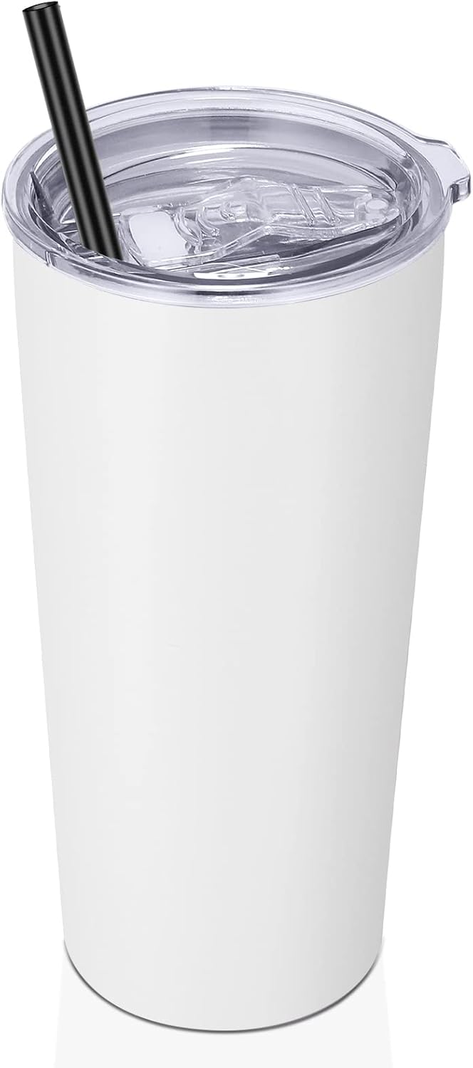 VEGOND 20oz Tumbler Bulk with Lid and Straw 1 Pack, Stainless Steel Vacuum Insulated Tumbler, Double Wall Coffee Cup Travel Mug, White