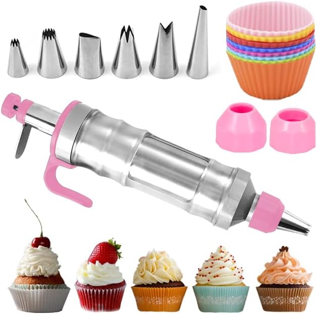 FANTEXY Dessert Decorating Syringe Set, Stainless Steels Cake Decorating Tools 6 Piping Icing Nozzles Cupcake Decorating Kit Icing Piping Kit