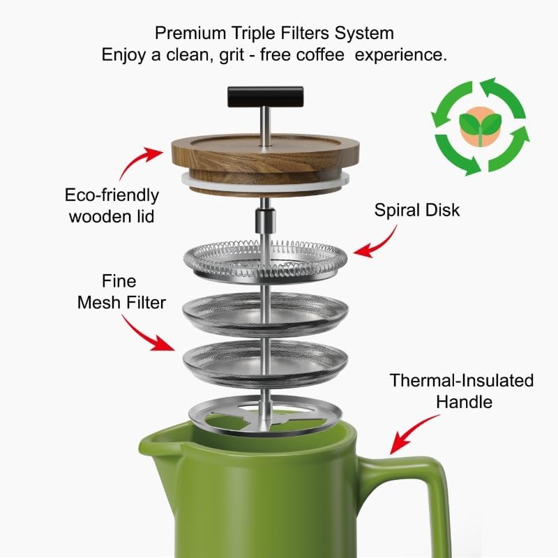DHPO Ceramic French Press Coffee Maker, 22 Ounce Coffee Press Manual Brewer with Walnut Wood Lid, Premium Food Grade Stainless Steel Filter with Dual Screen for Coffee and Loose Tea, Gift Box, Green