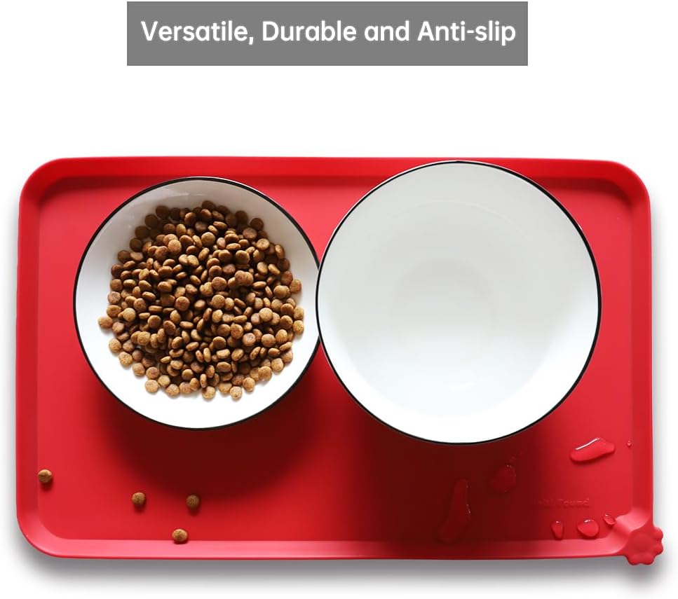 Hoki Found Silicone Pet Food Mats - Non Slip Dog Cat Bowl Mats - Classic Red