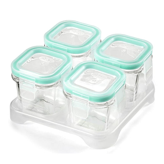 Matyz 4-Pack Baby Glass Jars For Food Storage with Lids Airtight and Stackable Tray (Mint Green, 4 OZ Each) - Small Solid Food Storage Containers For Baby On The Go - Freezer Microwave Oven Safe