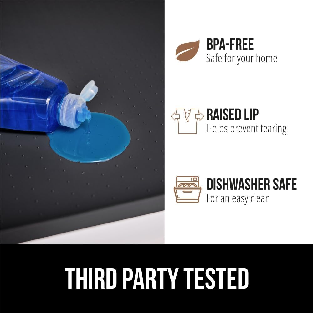 GORILLA GRIP Waterproof Silicone Under Sink Mat with Raised Lip for Kitchen and Bathroom, Cabinet Shelf Liner Stay in Place Mats Dishwasher Safe Drawer Liner, Organizer Tray, 15 x 22 in, Black