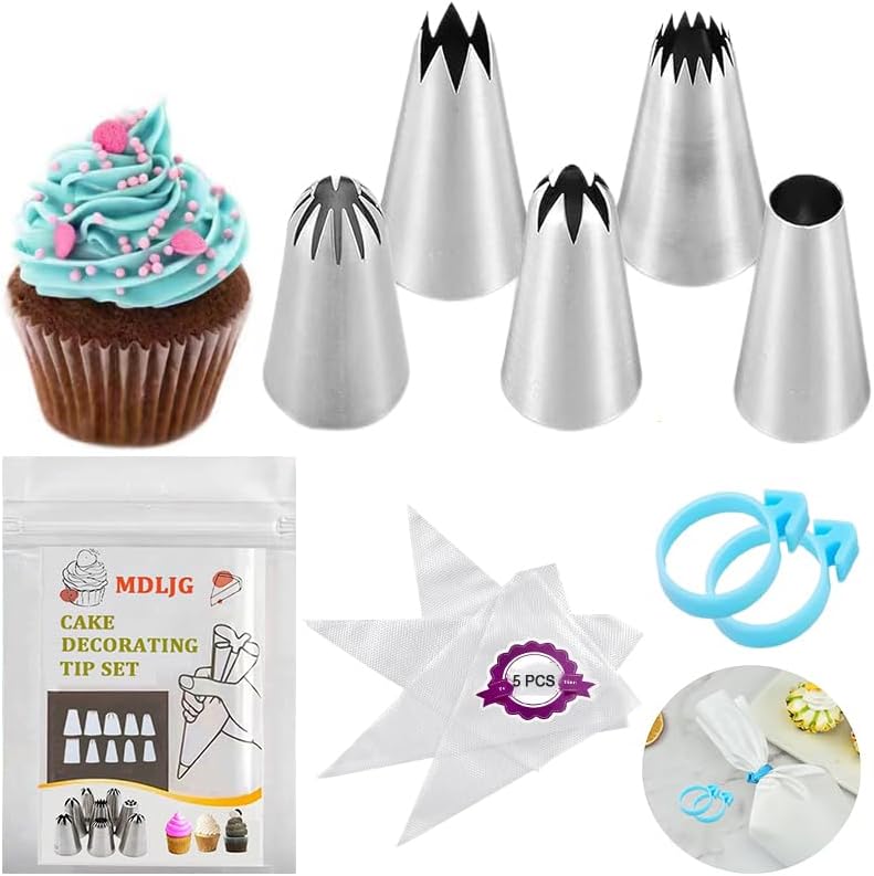 Extra Large Piping Tips, Seamless Stainless Steel Icing Piping Nozzle Tip Set, DIY Icing Nozzle Tool for Birthday Cake & Cupcakes, with a Cleaning Brush (1A 356 347 348 1E)