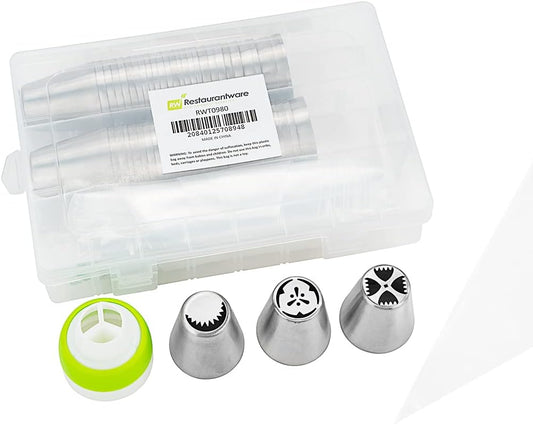 Restaurantware Pastry Tek Russian Piping Tips Set 68 Piece Durable Cake Decorating Kit - 57 Piping Tips 10 Piping Bags Stainless Steel Piping Bags And Tips Set 1 Tri-Color Coupler