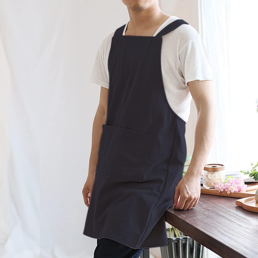 NEWGEM Japanese Linen Cross Back Cooking Aprons for Women Men with Pockets Cute for Baking Kitchen