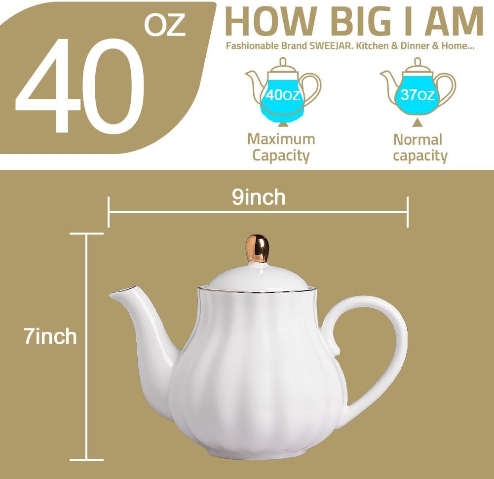 Sweejar Royal Teapot, Ceramic Tea Pot with Removable Stainless Steel Infuser, Blooming & Loose Leaf Teapot - 40 Ounce (Jade)