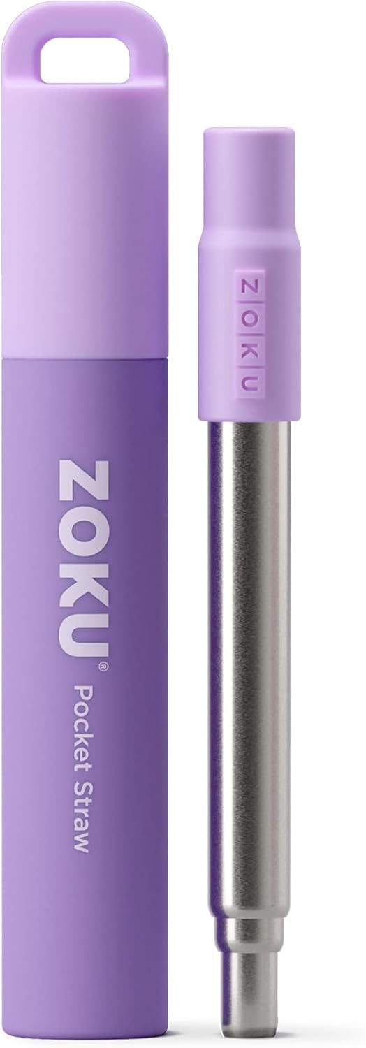 ZOKU Reusable Metal Straw with Case for Travel, Purple - Collapsible Stainless Steel Drinking Straw with Silicone Tip and Cleaner Brush, Ideal for Key Chains, Pockets, Purses
