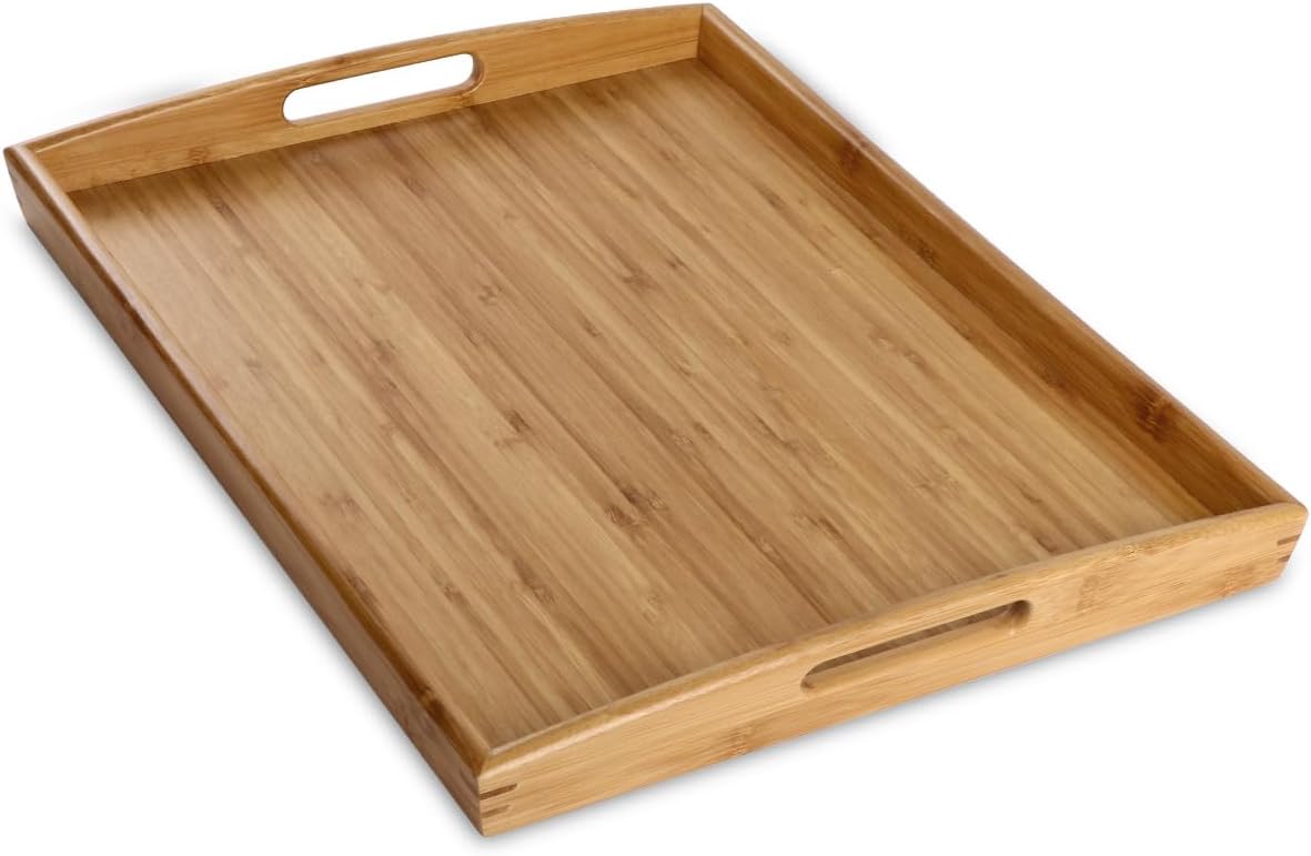 Joy&Grace Bamboo Serving Tray with Handles, Dinner Food Tray for Bed Breakfast Eating and Serving, for Coffee Table Ottoman TV, Decorative Wood Large Charcuterie Platter 16.8 x 12.5 inch 1 Pack