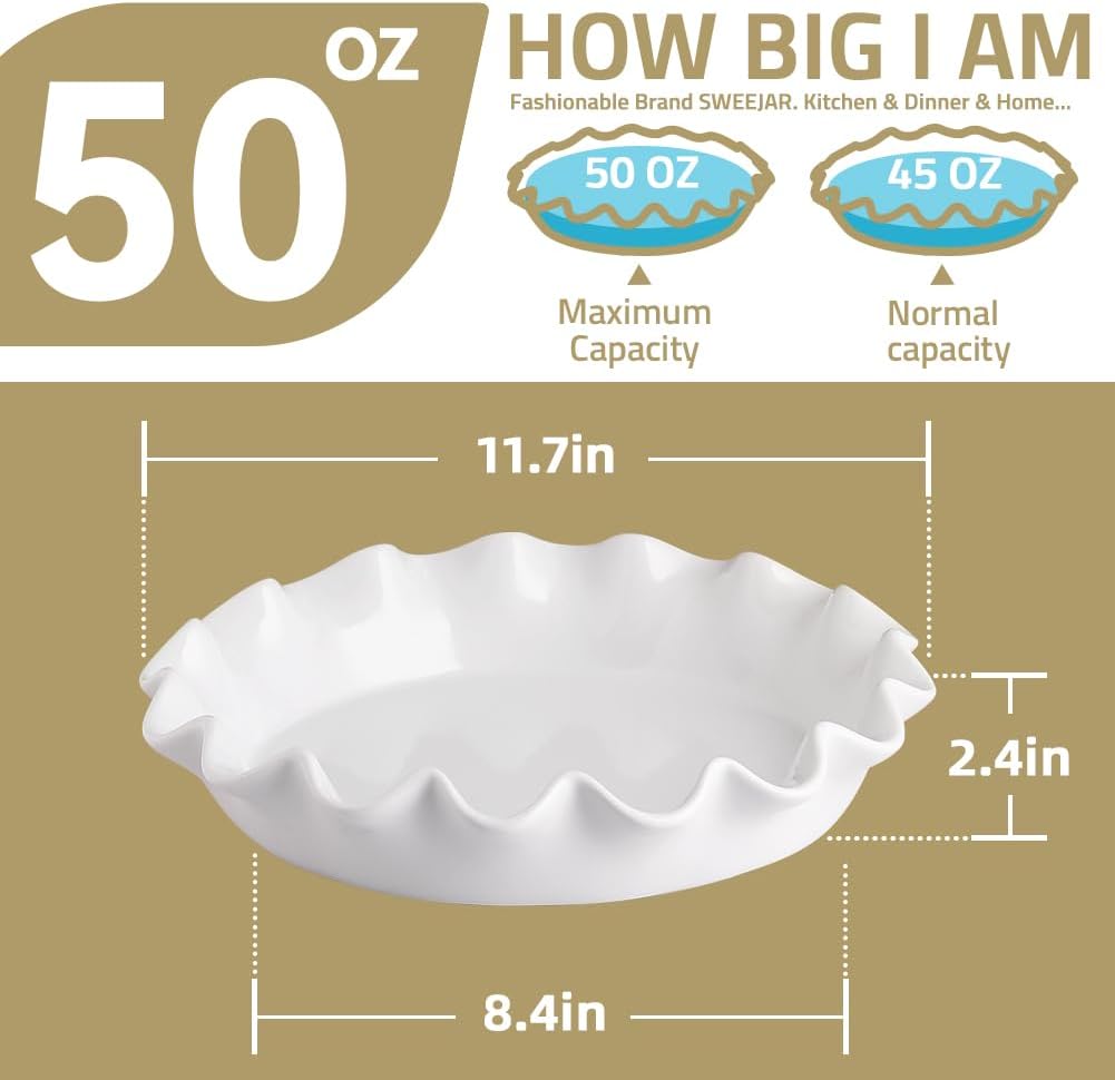 Sweejar Ceramic 11.5 Inches Pie Pan for Baking, Deep and Fluted Porcelain Round Pie Dish, Non-Stick Pie Plate for Pumpkin Pie, Apple Pie, Pie Pots with Morden Farmhouse Design(Turquoise)