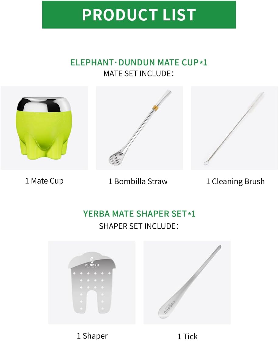 Premium Yerba Mate Cup 5 in 1 Set, Including Cute Elephant Style Stainless Steel Gourd, Bombilla Straw and Tea Shaper Set, 5.4oz, Gift for Women Drinking Cup