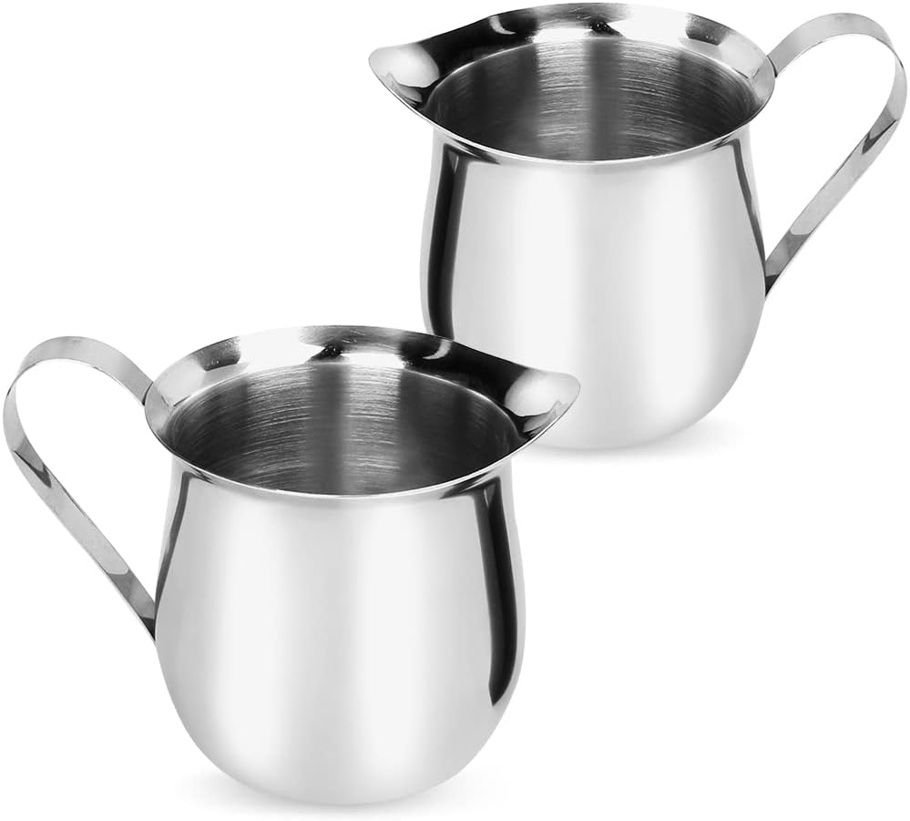 Rolin Roly 2Pcs Milk Frothing Pitcher Stainless Steel 60ml Small Bell-Shaped Creamer Mini Coffee Jug for Barista Cappuccino Espresso Cups Latte Art Pitcher