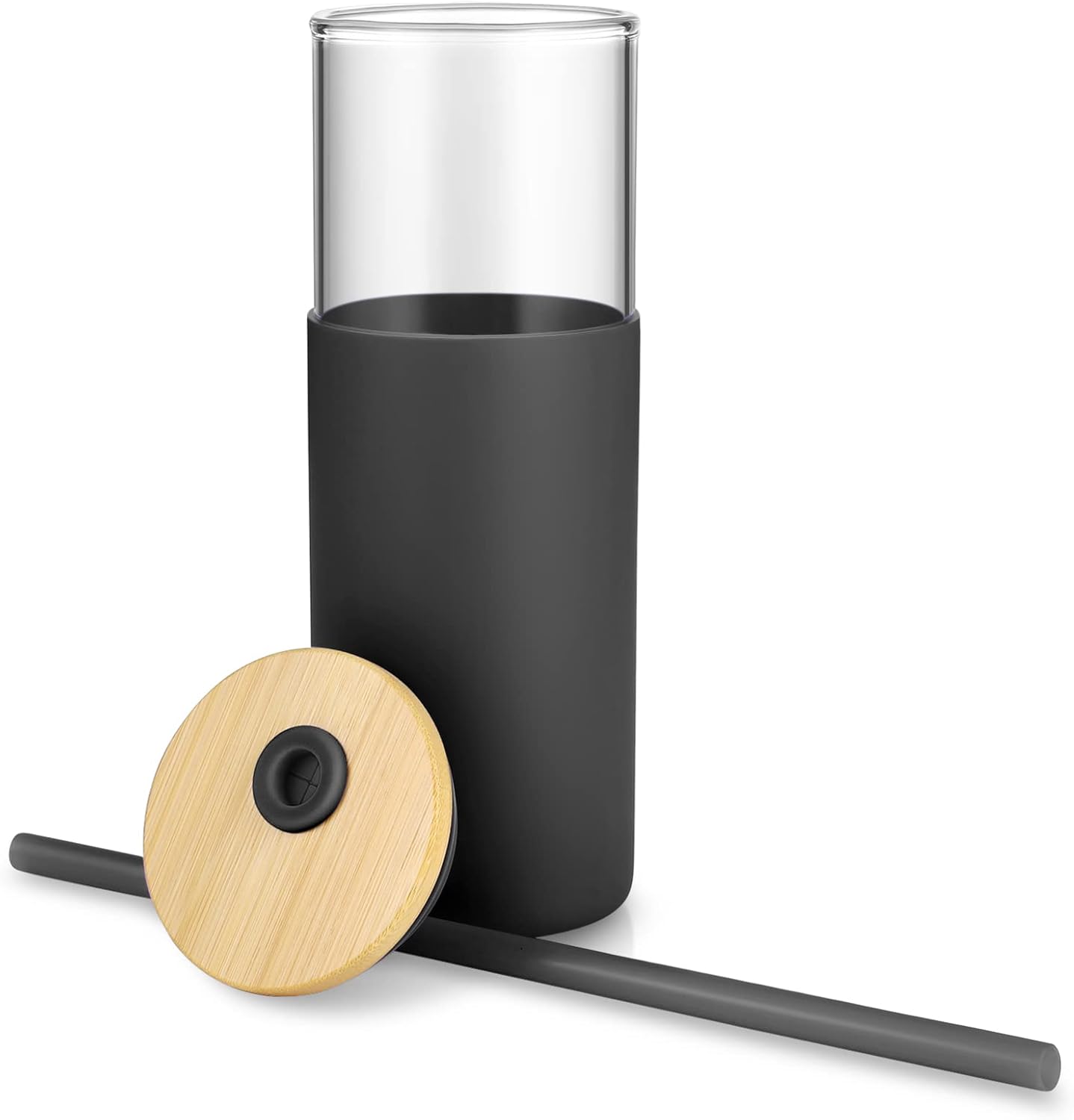 Tronco 24 oz Glass Tumbler with Straw and Lid - Smoothie and Iced Coffee Cup - Bamboo Lid and Protective Silicone Sleeve - BPA-Free