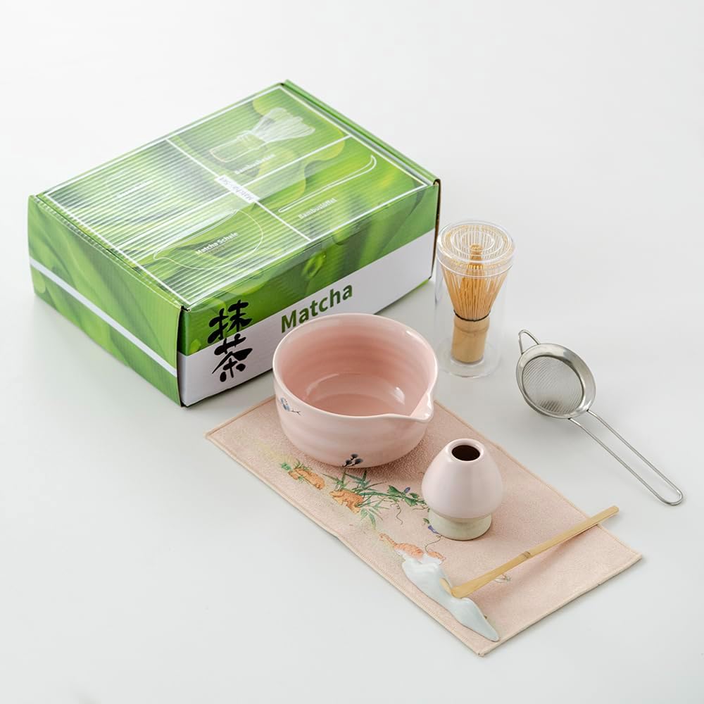 matcha whisk set,matcha set, including matcha bowl, matcha whisk and stand, sieve, spoon, cloth mat, gift for matcha lovers (pink)