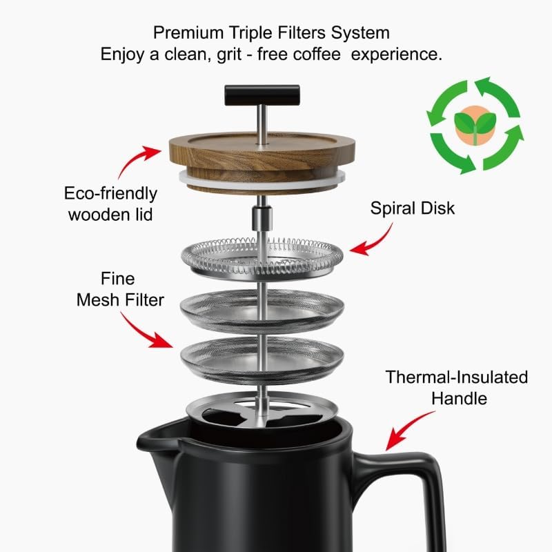 DHPO Ceramic French Press Coffee Maker, 22 Ounce Coffee Press Manual Brewer with Walnut Wood Lid, Premium Food Grade Stainless Steel Filter with Dual Screen for Coffee and Loose Tea, Gift Box, Black