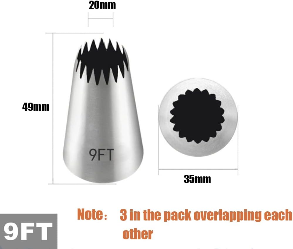 Churro Piping Tip,Piping Tips for Eclair,Open Star Pastry Tip Large for Piping,9FT Icing Tips,3 Pcs