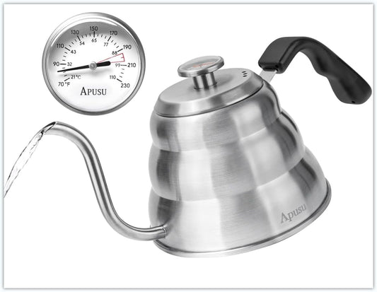 Pour Over Kettle for Manual Drip Coffee and Tea with Thermometer 28oz Gooseneck Kettle with Flow Control Stainless Steel Water Kettle for Stovetop,800ml,4 Cup,Silver,1Pack