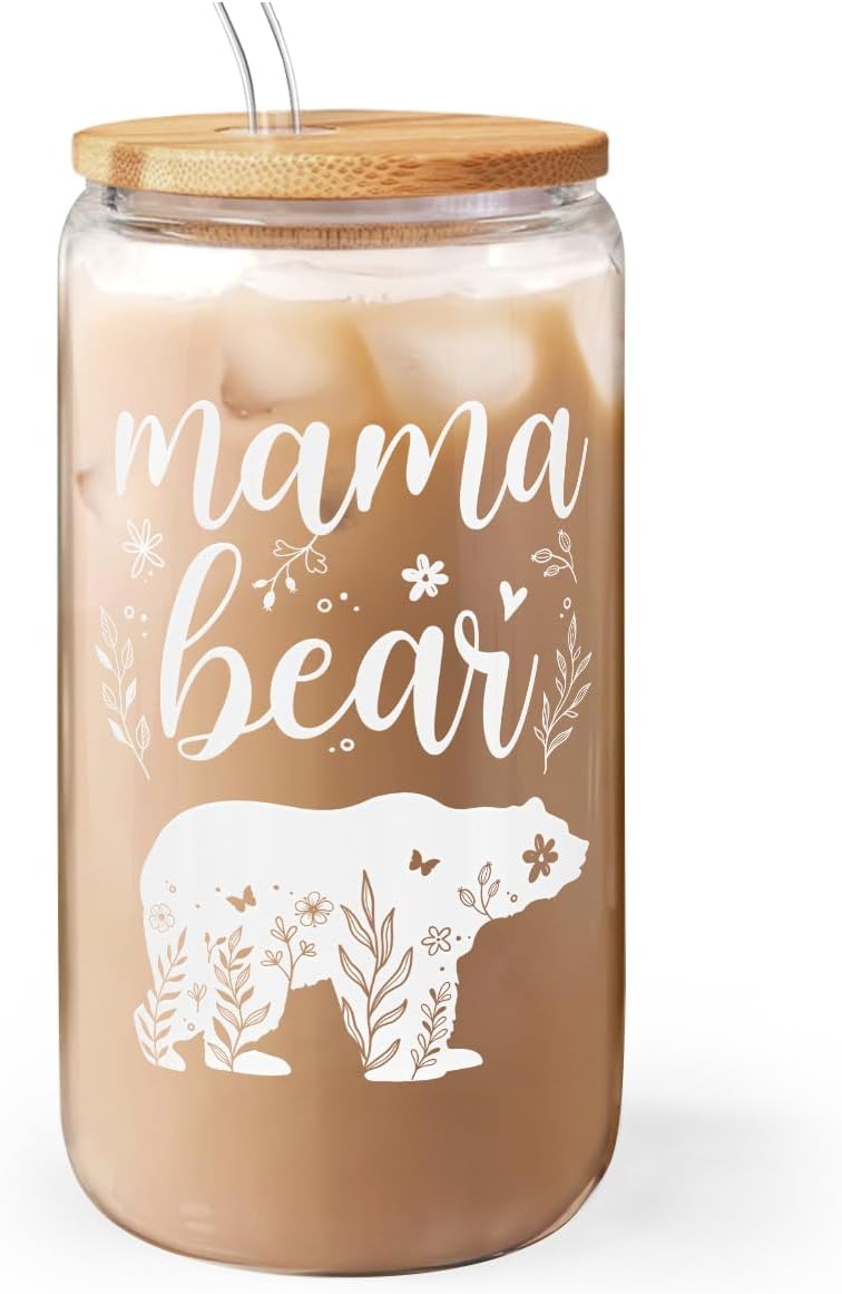 Mom Gifts - Mama Bear 16 Oz Can Glass Tumbler with Bamboo Lid and Straw - Iced Coffee Cups for Women, Aesthetic Glass Cup Gift for Birthday Christmas Mother's Day