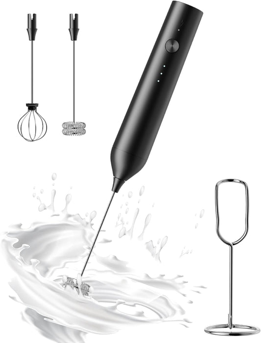 Rechargeable Milk Frother with Stand, Electric Frother Wand Handheld Coffee Foam Maker Detachable Stainless Steel Whisk Drink Mixer Foamer for Latte, Cappuccino, Hot Chocolate, Egg (Black)
