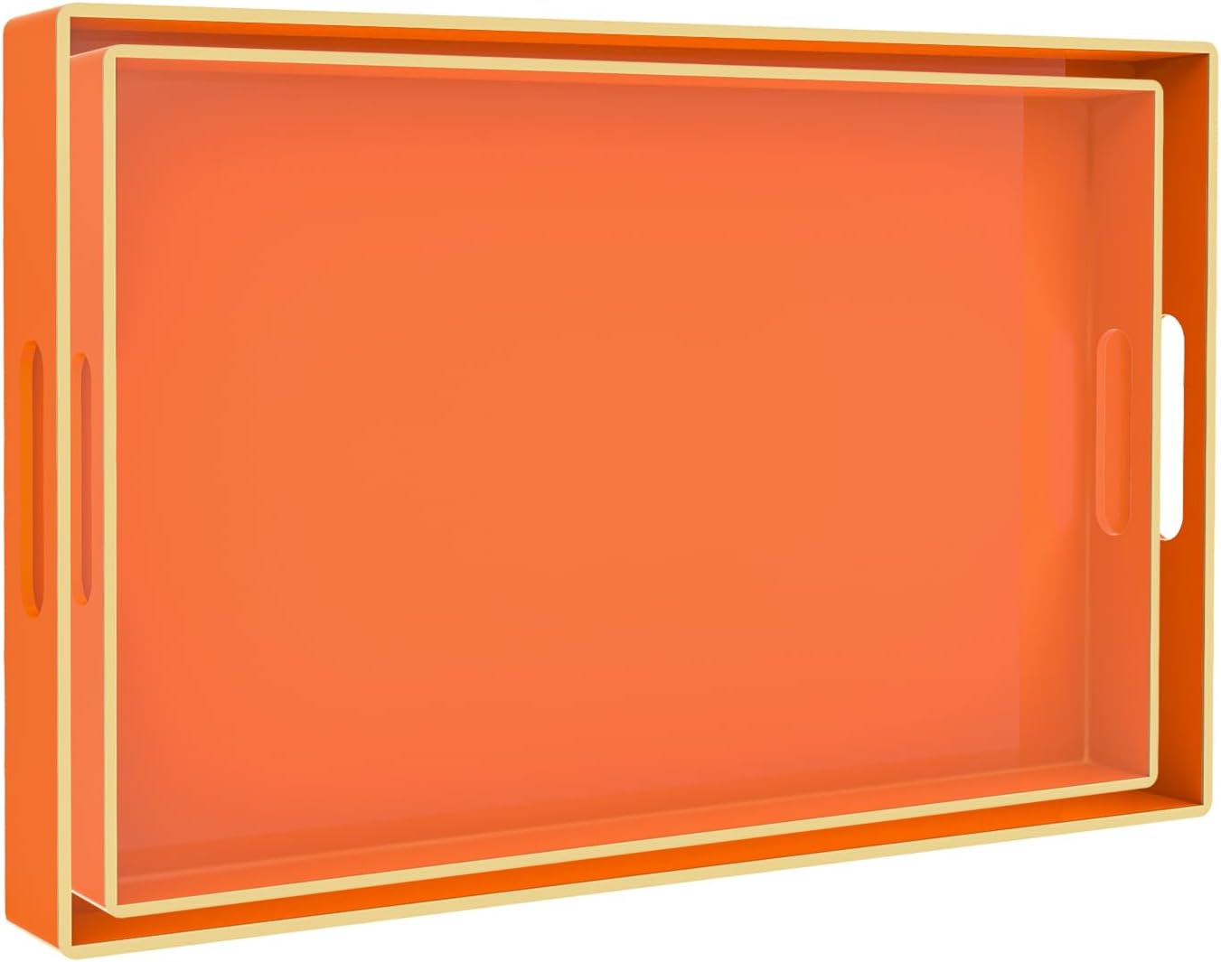 MAONAME Orange Serving Trays Set of 2, Plastic Decorative Trays with Handles, Rectangular Coffee Table Trays for Ottoman, Nesting Trays for Living Room, Bedroom