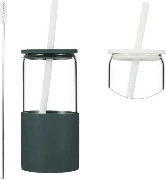 Sunseeke Glass Tumbler with Straw and Lid, 16oz Ice Coffee Cup, Silicone Sleeve Cleaning Brushes, Drinking Glasses for Water, Iced Coffee, Smoothie - BPA Free (Slate blue-gray)