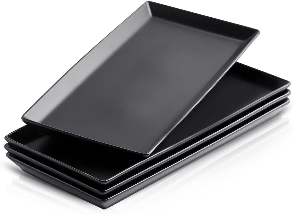 KOOV Ceramic Serving Tray, 14 Inches Large Serving Platter, Rectangular Serving Tray, Porcelain Serving Plates, Ceramic Serving Dishes for Dinner, Party, Sushi, Dessert, Food, Set of 4 (Matte Black)